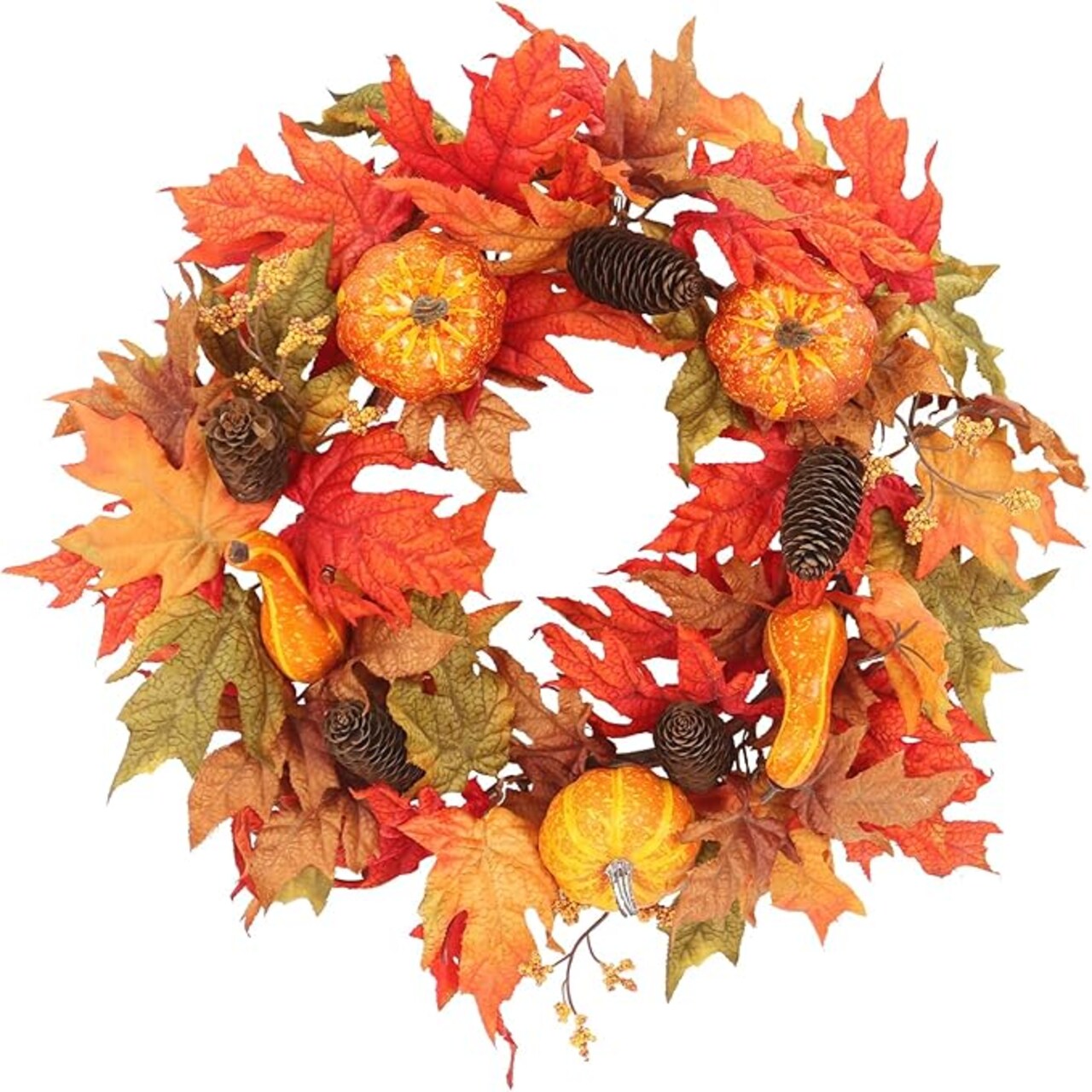 20 Inch Fall Wreath for Front Door, Fall Decor Autumn Maple Leaves Pumpkin Pine Cone Berries Wreath, Fall Decorations for Harvest Thanksgiving Halloween Farmhouse Home Outside Window Wall